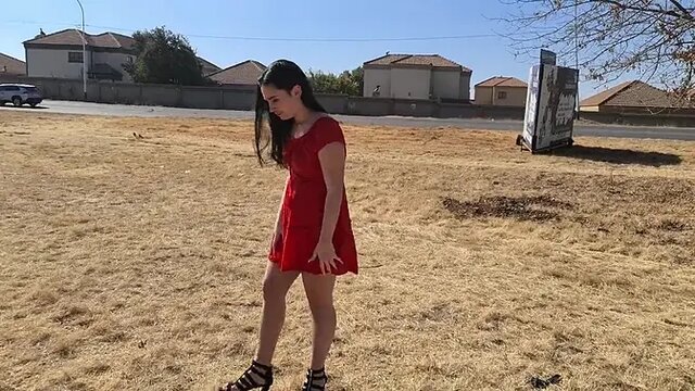 Daring slut flashes her small boobs and asshole in public