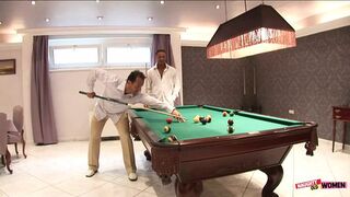 Blonde wins pool game, rewards friends with DP on a table