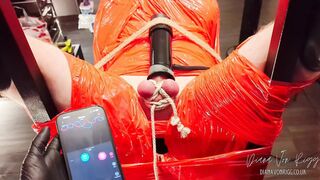 Merciless Cock Milking (tight Shiny Red Plastic Mummificaton and Remote Anal Stimulation)