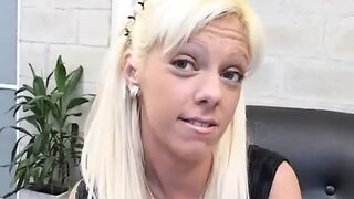 Blonde beauty Paula gets devoured by three studs in raunchy casting couch bangs