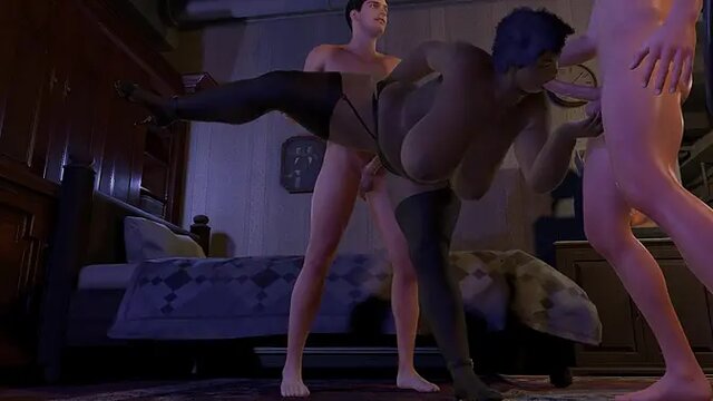 Black BBW MILF takes double-railed by two white boys in 3D animation