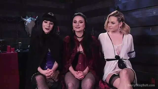 Two sexy vampire ladies strap on anal toys and capture a guy for their dark desires