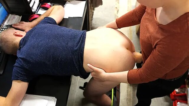 Hot MILF with giant butt fucks boss with strap-on and cums inside