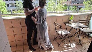 Busty Girl Sucks Her Friend's Cock on a Hotel Balcony!! Risky Sex!
