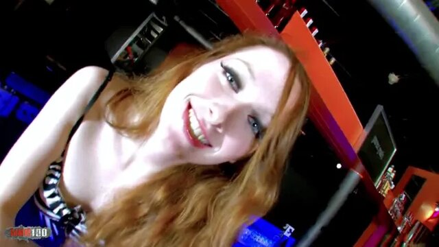 Pale French redhead barmaid Aurora Viper gets fucked harder