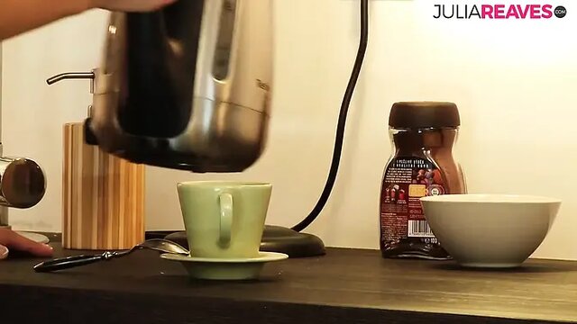 Hot chick gives foot job then grinds on cock on kitchen floor