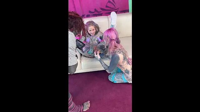 Raw chemistry between tattooed girls and a novice teen