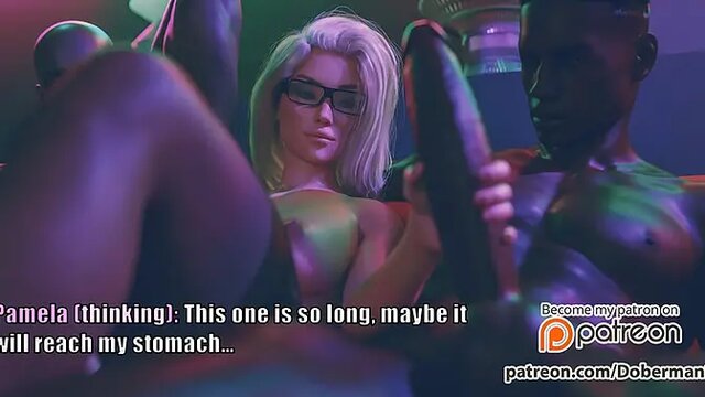 sexy Pamela takes on double black cock and swallows