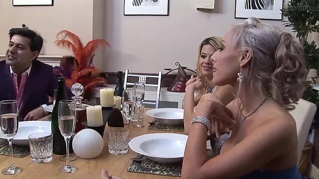 Blonde babes Brooke Jameson and Chloe Delaure share a guy in group fun